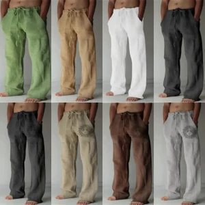Men Casual Pant Mid Waist Straight-Leg Trousers Pockets Baggy Pants Drawstring Elastic Waist Lazy Daily Beach Pants - প্যান্ট ছেলেদের