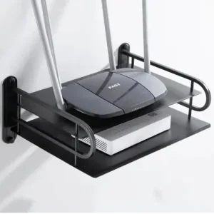 2-Layer Wall Mount WiFi Router Stand – Metal Shelf for TV Box & Remotes, Black