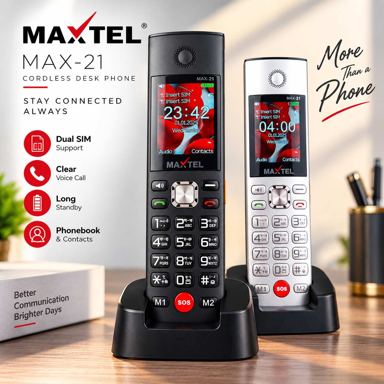 MAXTEL MAX21 Ultra Cordless Desk Phone – Dual SIM Feature Phone with 3000mAh Battery, Dock Charger, Type-C, SOS Emergency Button, Auto Call Recording & Wireless FM