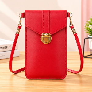 Women's PU Leather Phone Holder With Neck Strap Wallets Touch Screen Bags(Red)