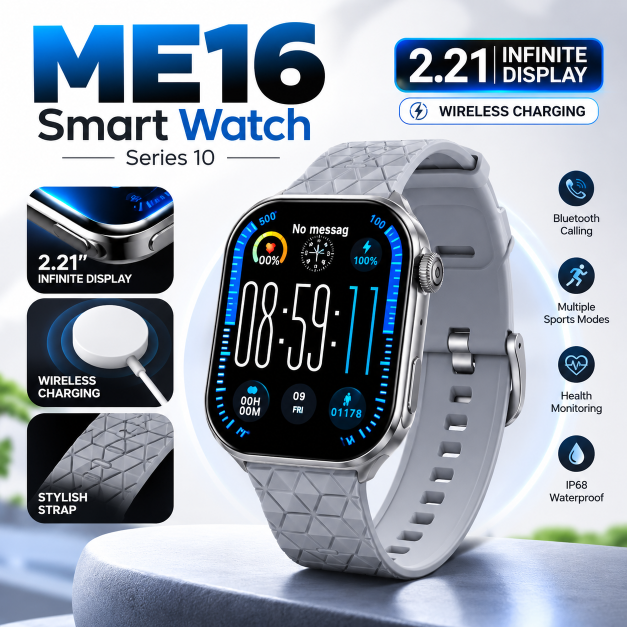 ME16 Series 10 Smart Watch – 2.21" Infinity Display, Wireless Charging & 3 Straps Combo