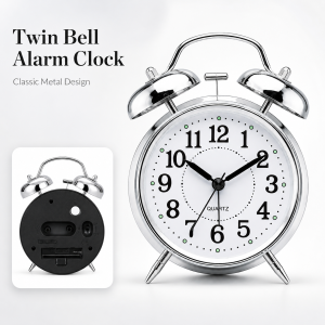 Round Copper Metal Twin Bell Alarm Clock – Non-Ticking Retro Desk Clock with Loud Ring for Morning Wake Up (Durable Metal Design)