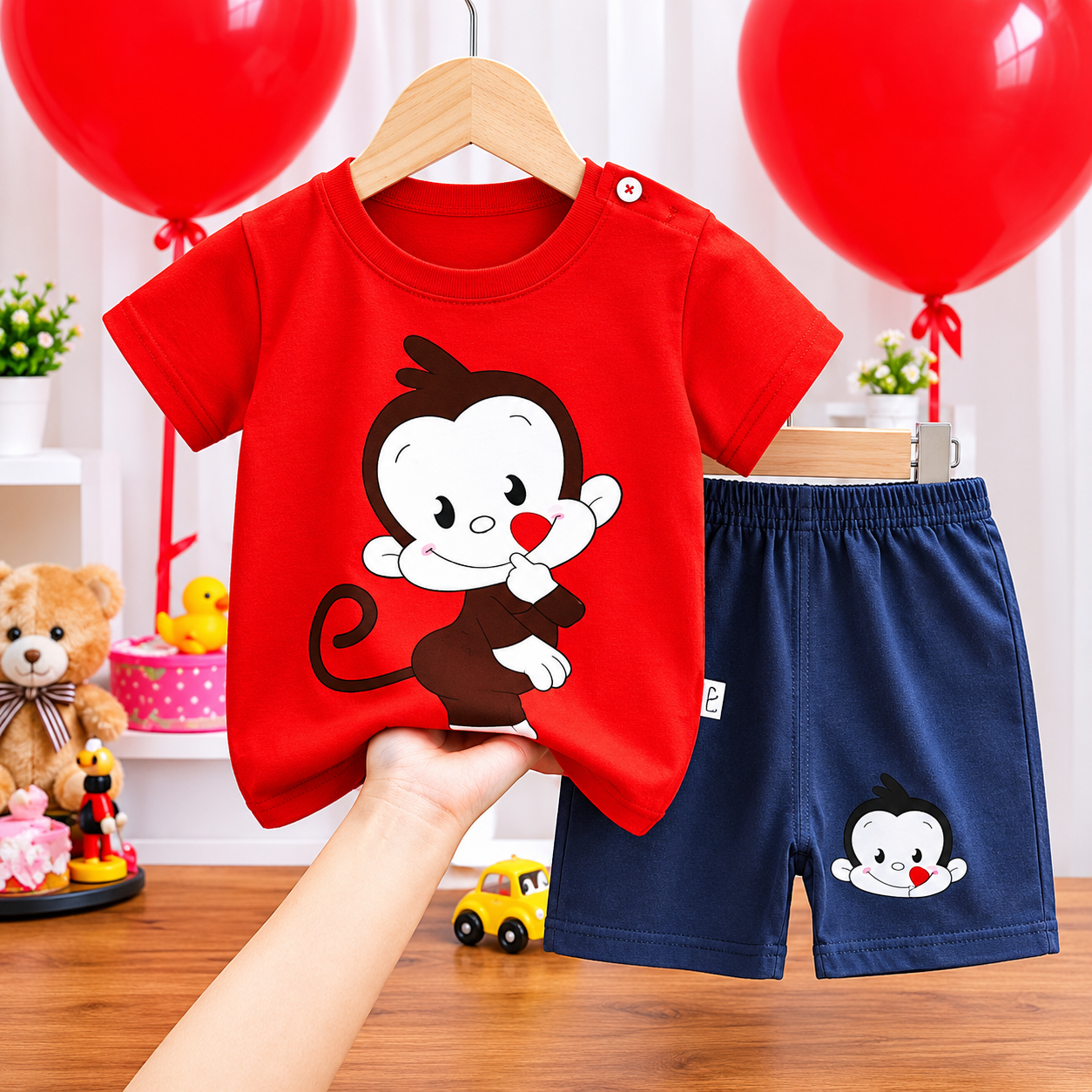 "Playful Mind" Art Print Red and Navy Blue Boys' Summer 2-Piece Set (T-shirt & Shorts Set) - Image 2