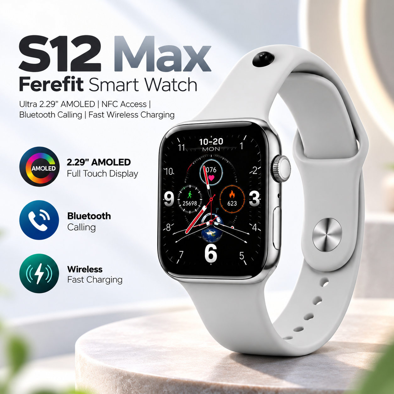 S12 Max Ferefit Smart Watch – 1.95" HD Curved Display, NFC, Bluetooth Calling & Wireless Charging