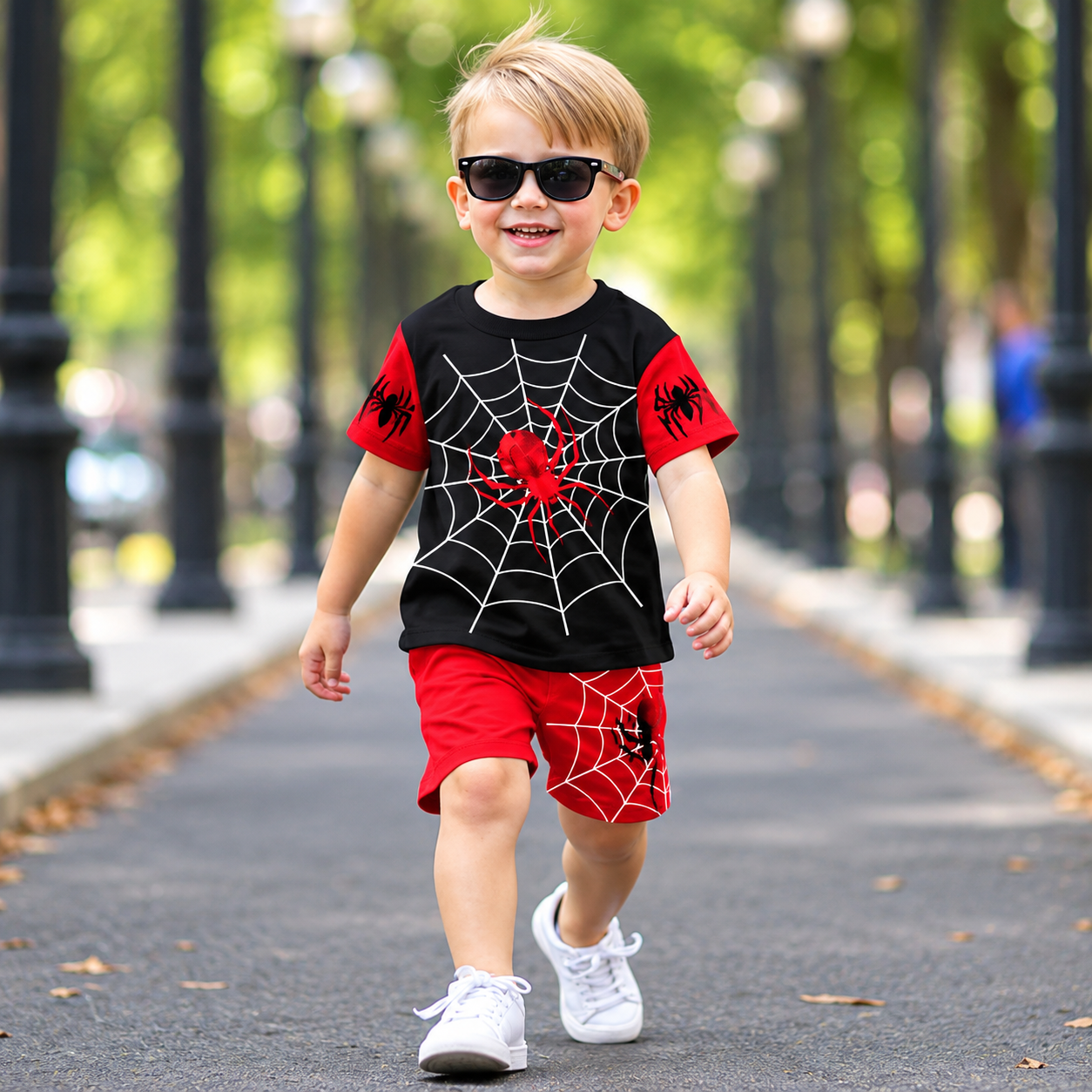 Spider-Web with Red Accent Boys Summer Two-Piece Set (Black & Red T-Shirt with Shorts S - Image 2