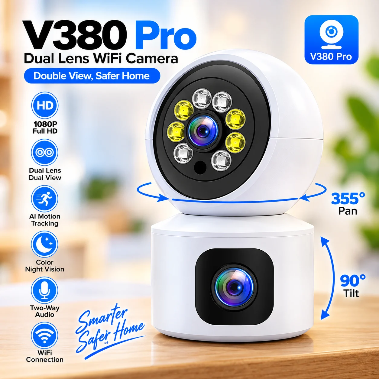 V380 Pro Dual Lens 1080P WiFi Security Camera – Rotatable 360-Degree Wireless Indoor CCTV with Smart AI Motion Tracking, Night Vision & Two-Way Audio (Model: V9L)