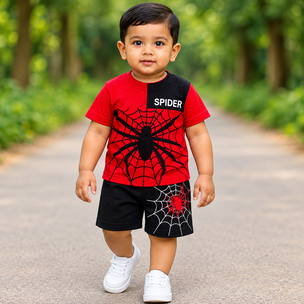 Stylish Spider-Themed Color-Block Boys' Summer Two-Piece Set with Graphics (Red & Black T-Shirt and Shorts Set) - Image 2