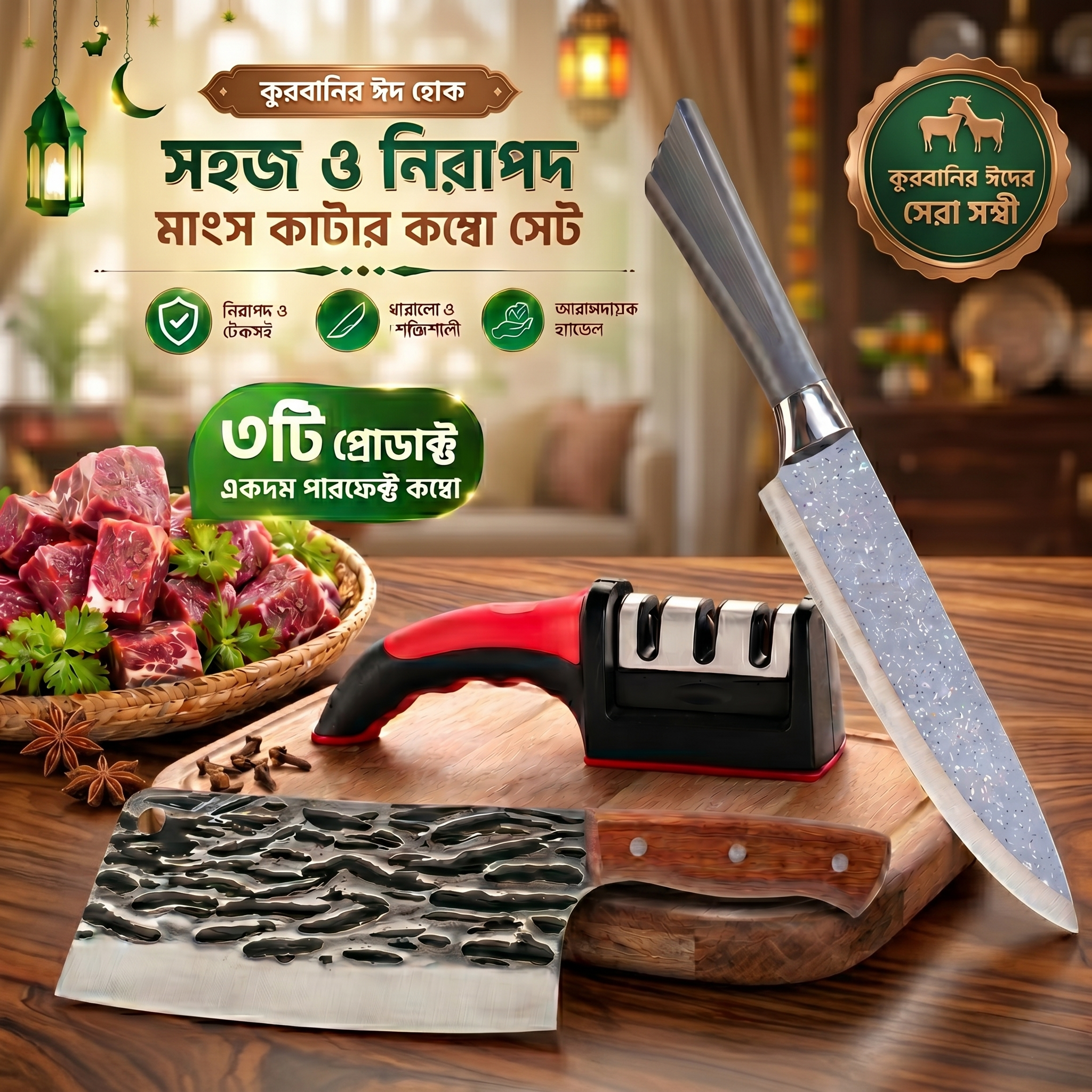 Qurbani Meat Cutting Combo Set – 3 in 1 Premium Kitchen Tool Kit 2 - Image 2