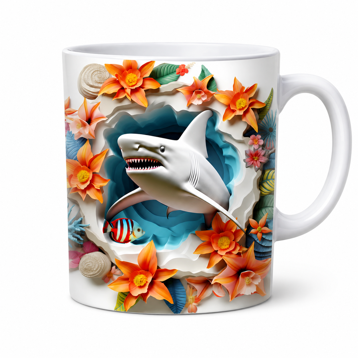Shark Design Mug – Stylish Ceramic Coffee Mug with 3D Underwater Shark and Floral Print, Microwave & Dishwasher Safe - Image 2