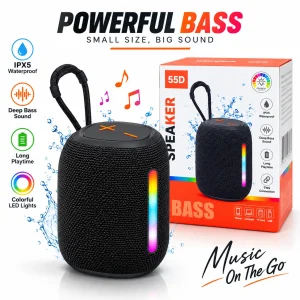 BS-55D Portable Wireless Bluetooth Speaker – Stereo Bass Sound, BT 5.3, RGB Lighting with 10 Modes, FM Radio, TF/AUX/USB & 1500mAh Battery for Indoor & Outdoor
