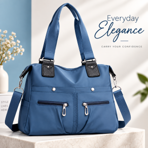 Women's Solid Nylon Casual Tote Handbag (Blue) – Lightweight & Soft Large Capacity Shoulder Bag with Dual Straps & Secure Zipper Closure for Office, Shopping & Daily Travel (36.5x28x14 cm)