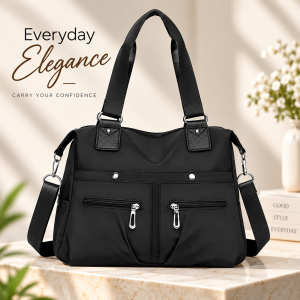 Women's Solid Nylon Casual Tote Handbag (Black) – Lightweight & Soft Large Capacity Shoulder Bag with Dual Straps & Secure Zipper Closure for Office, Shopping & Daily Travel (36.5x28x14 cm)