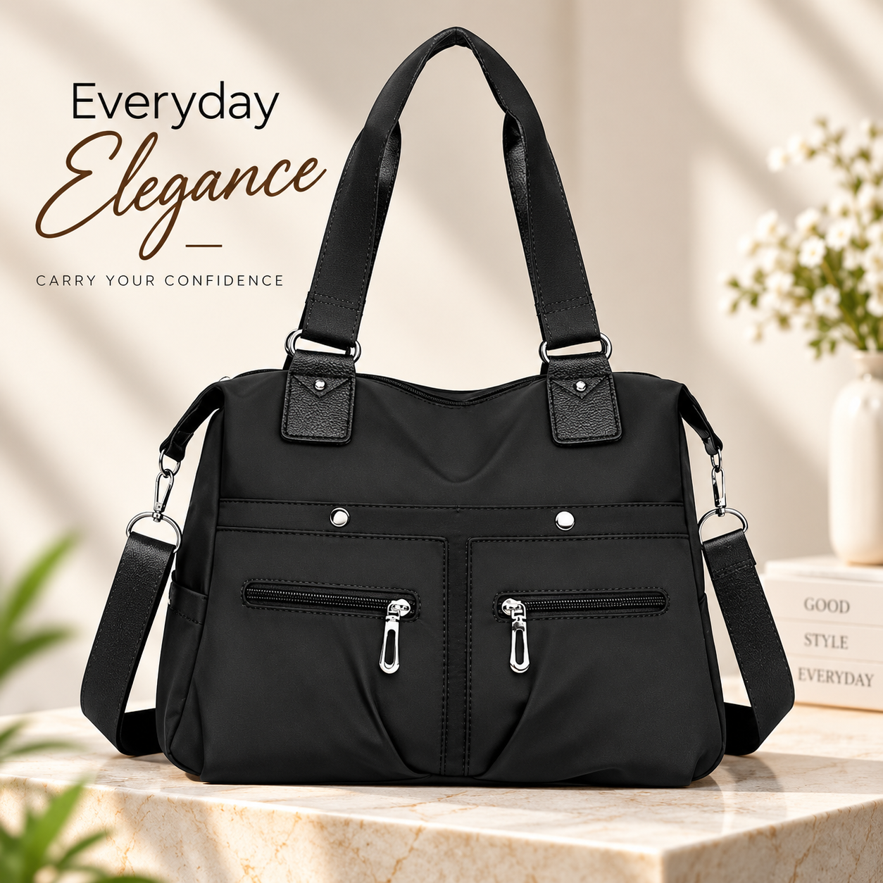 Women's Solid Nylon Casual Tote Handbag (Black) – Lightweight & Soft Large Capacity Shoulder Bag with Dual Straps & Secure Zipper Closure for Office, Shopping & Daily Travel (36.5x28x14 cm)