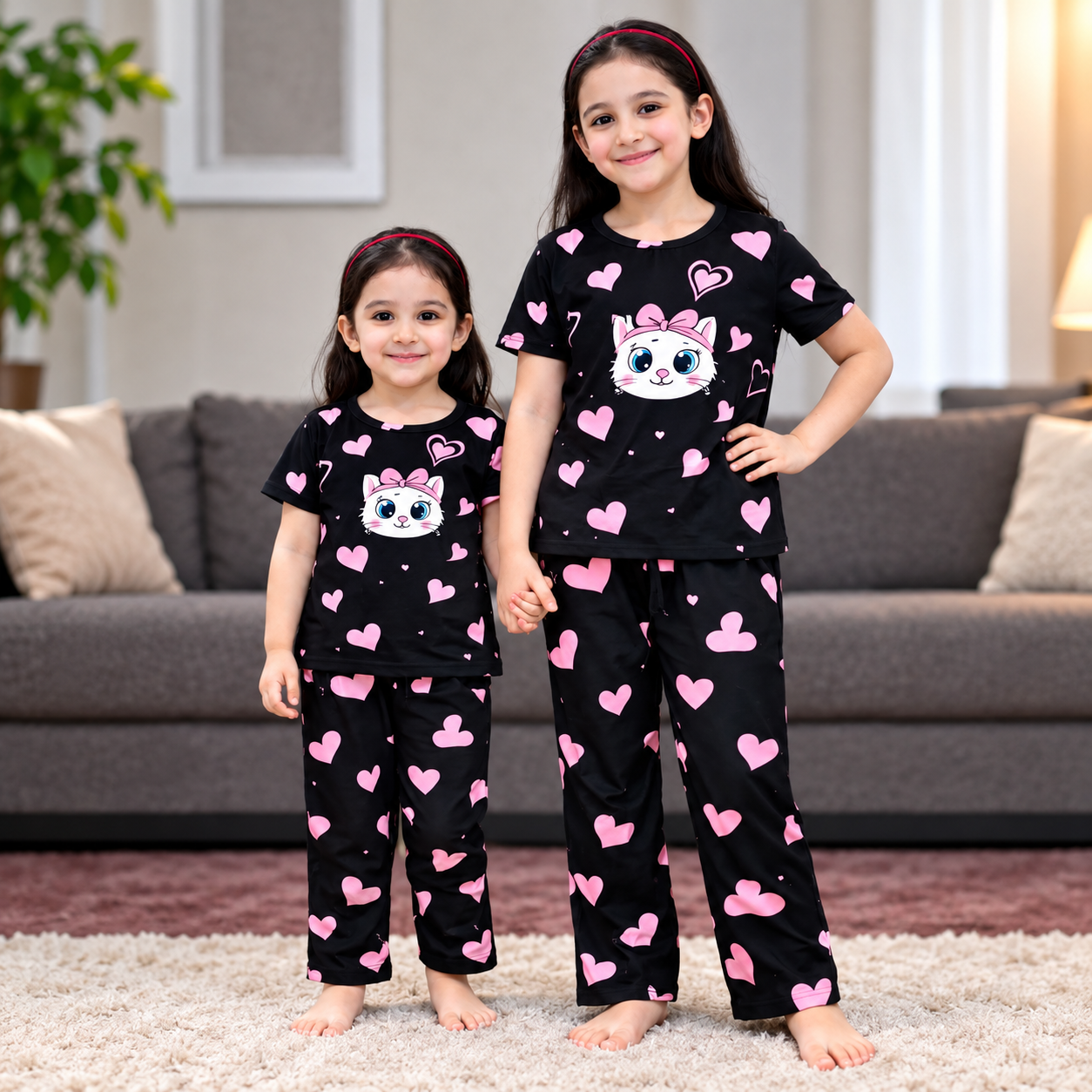 Cute Cat and Heart-Printed Black Two-Piece Nightwear/Casual Set for Girls (T-Shirt & Pajama Set) - Image 2