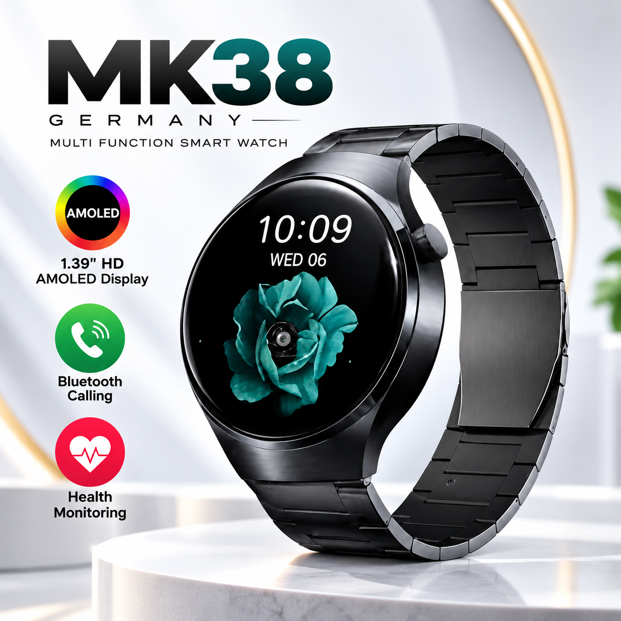 MK38 Premium Round AMOLED HD Smart Watch – Bluetooth Calling & 3 Straps Combo (Metal, Leather & Silicone)