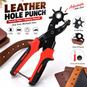 Heavy Duty Rotary Leather Hole Punch Plier – 6-in-1 Adjustable Punch Tool with 2mm to 4.5mm Sizes, Ergonomic Anti-Slip Grip for Belts, Watch Straps & Leather Crafts