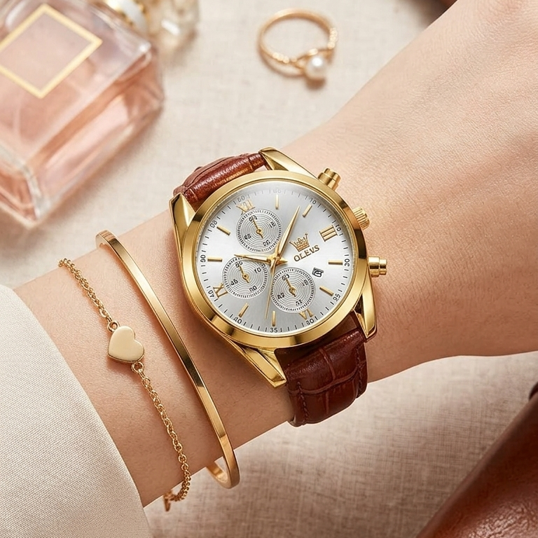 OLEVS Casual Ladies Automatic Mechanical Watch – Auto Wind Movement, Stainless Steel Round Case, Genuine Leather Strap, Chronograph, Date & Week Display, Hardlex Crystal Dial - Image 2