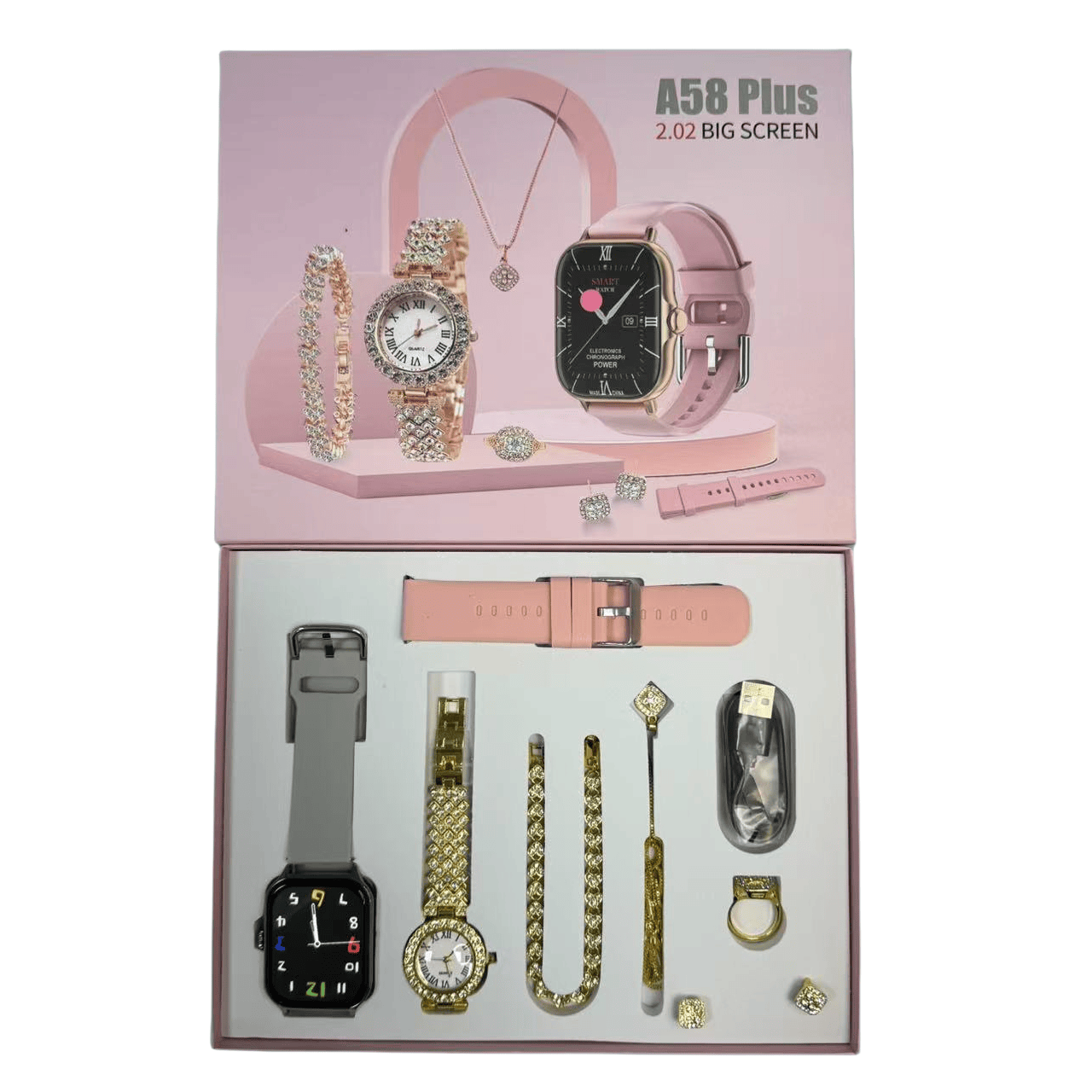 A58 Plus Smartwatch Gift Set for Girls (8-in-1 Luxury Combo with Watch, Jewelry & Straps) - Image 2