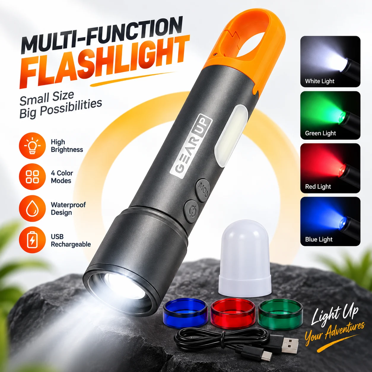 Traveller Light LED Torch – 500 Lumen Portable Tactical Flashlight with 1200mAh Battery, Optical Zoom, 9 Lighting Modes, IP65 Waterproof & USB-C Charging
