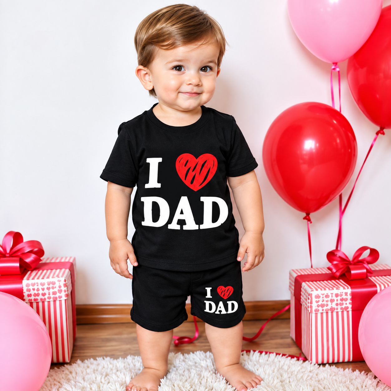 Cute 'I ❤️️ DAD' Printed Solid Black Boys' Summer Two-Piece Set (T-Shirt & Shorts Set) - Image 2