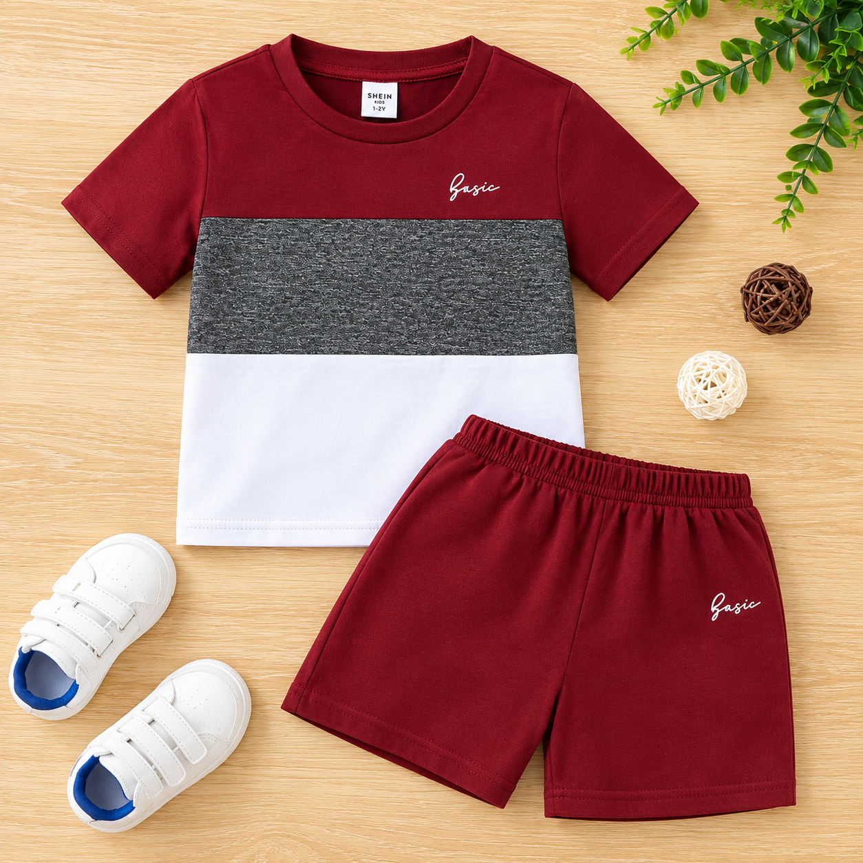 Classic Maroon Color-Block Boys' Summer Two-Piece Set (T-Shirt & Shorts) with 'Basic' Embroidery/Print - Image 2