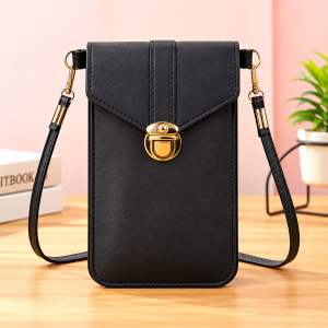 Women's PU Leather Phone Holder Crossbody Bag - Black