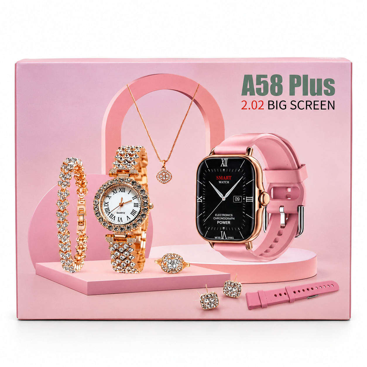 A58 Plus Smartwatch Gift Set for Girls (8-in-1 Luxury Combo with Watch, Jewelry & Straps)