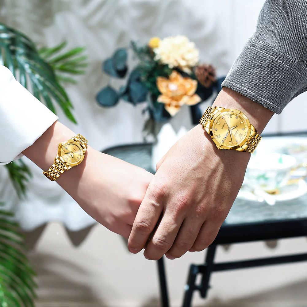 Olevs Stainless Steel fashionable Couple watches Full Golden - Image 2