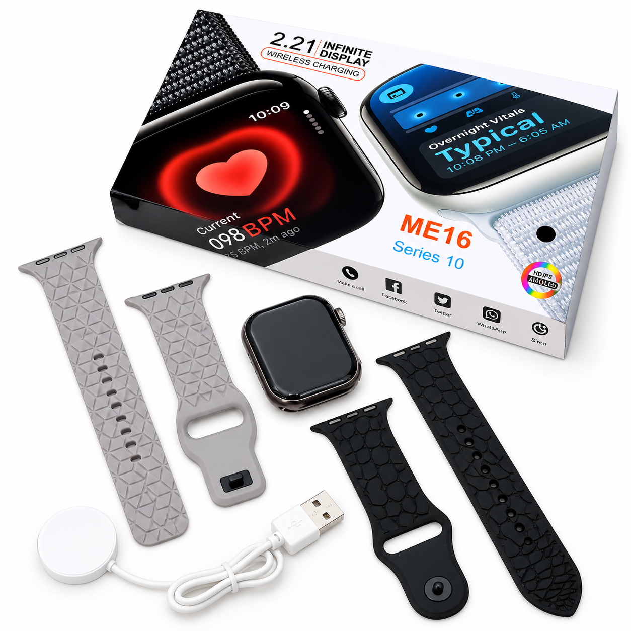 ME16 Series 10 Smart Watch – 2.21" Infinity Display, Wireless Charging & 3 Straps Combo - Image 2